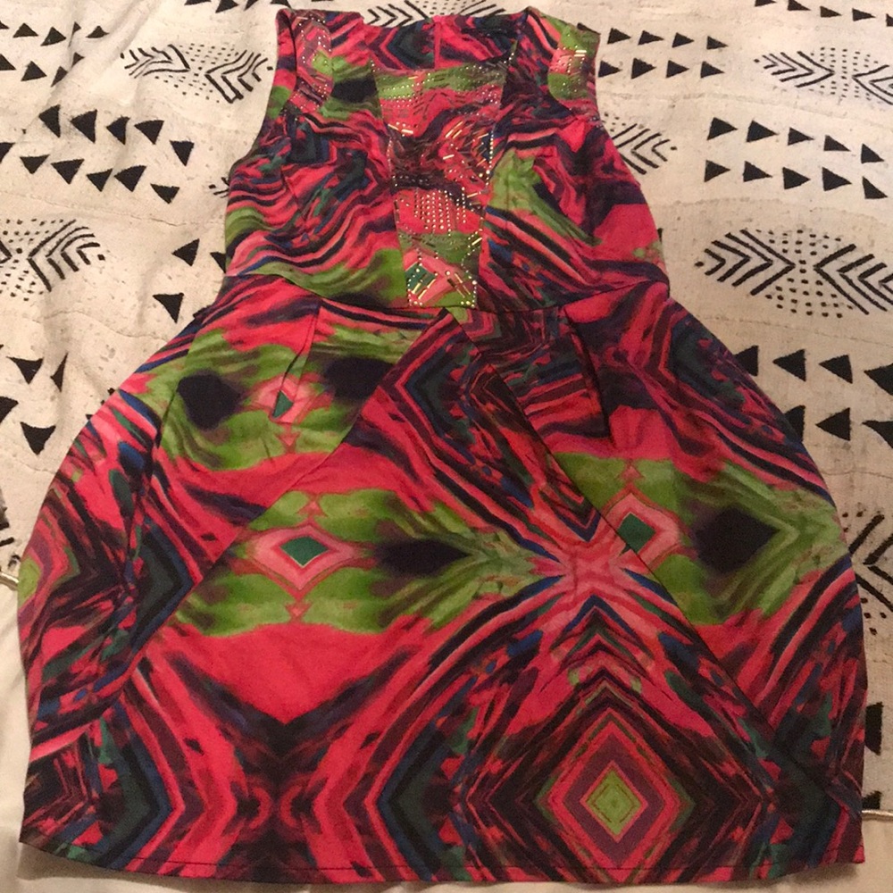 Tribal print dress with pockets/gold detailsUK8